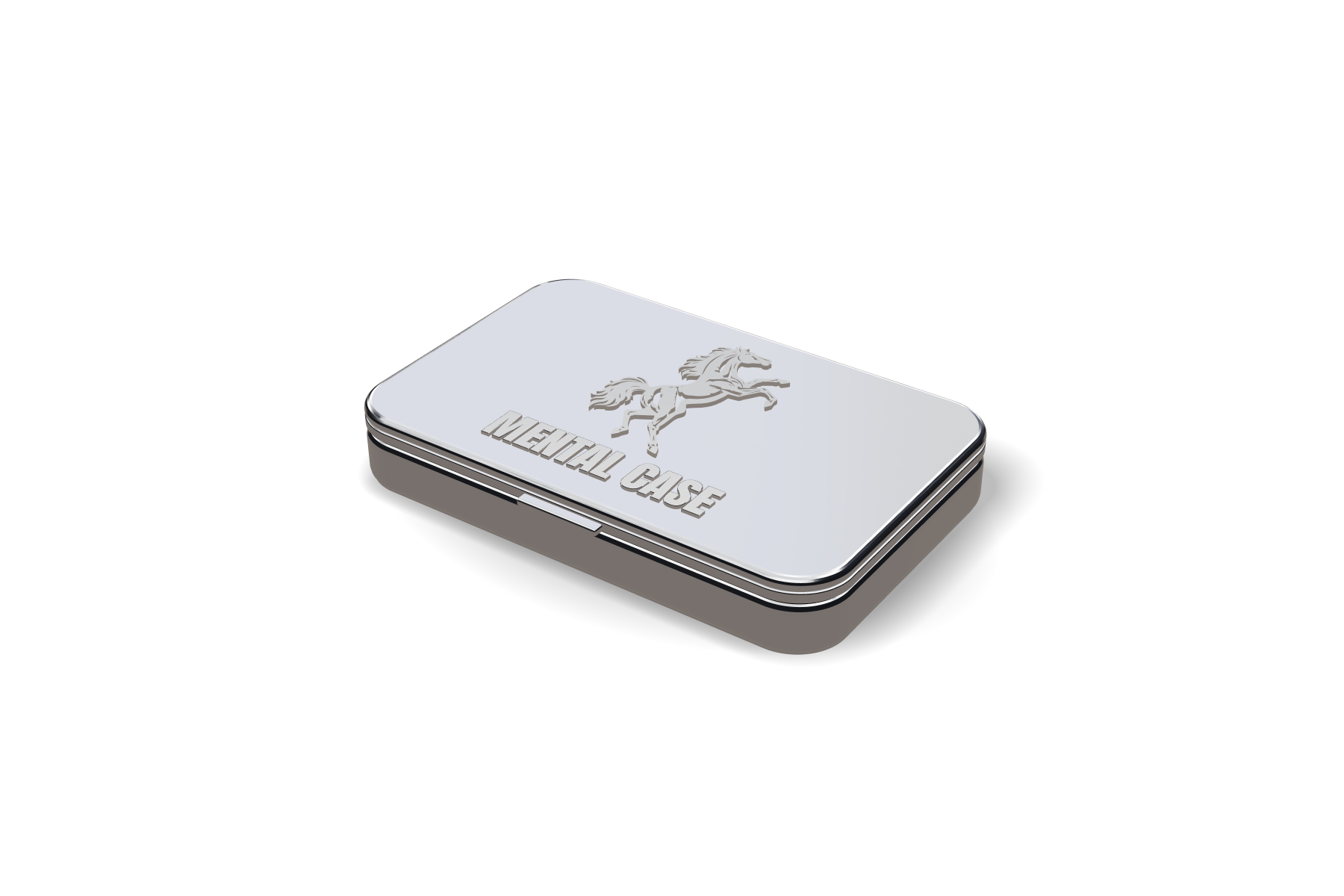 The GONE MENTAL case: a card-sized silver metal case with the rearing horse and MENTAL CASE raised on its lid.